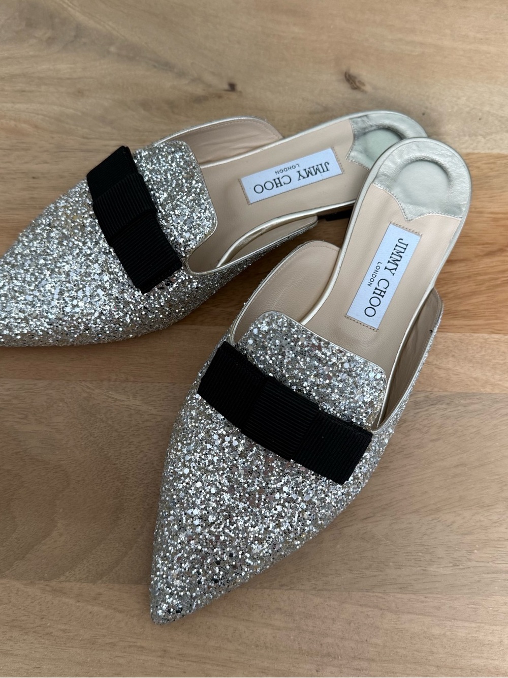 Jimmy Choo Gala Silver Glitter Pointed Mules with Black Grosgrain Bow, size 41.5